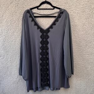 Kate & Mallory Blouse Women's Top Boho Crochet Lace Plus 2X Embroidered Long slv